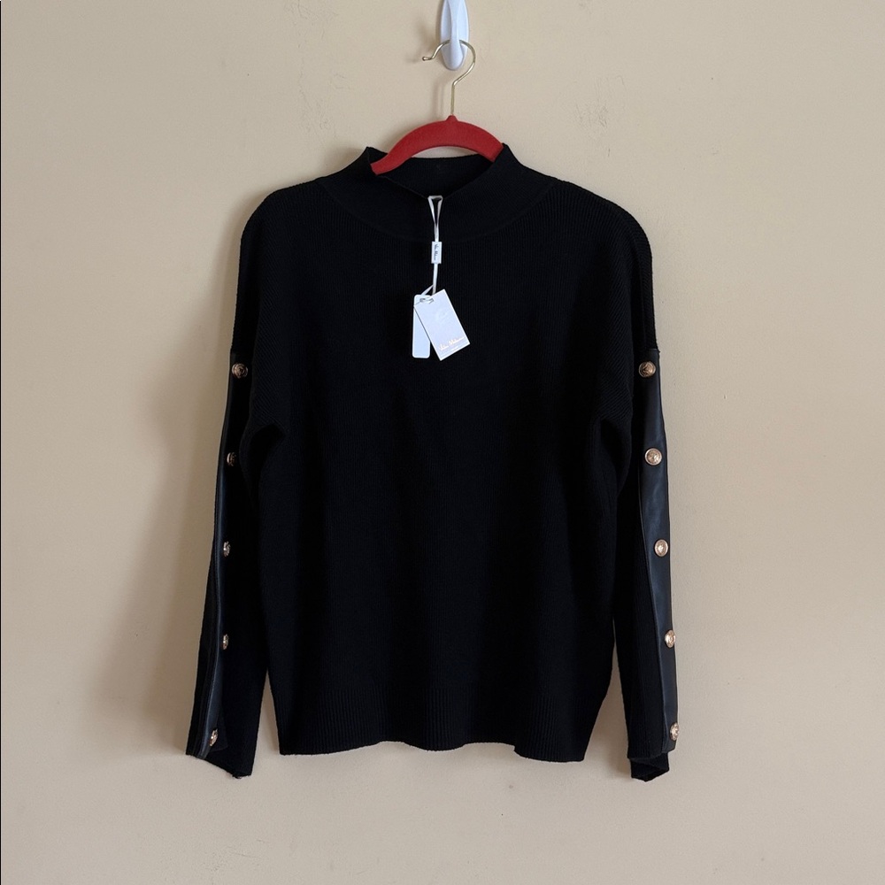 Vila Milano Black Mock Neck Sweater Gold Button Faux Leather Sleeves sz Small
